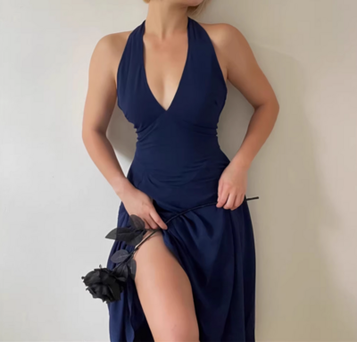 Sexy deep V-neck halter neck holiday casual waist dress