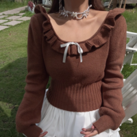 Lace collarbone exposed round neck ribbon bow knitted sweater - Thumbnail 1
