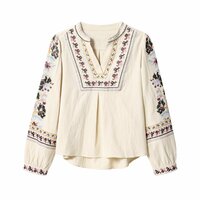 V-neck heavily embroidered shirt with printed embroidery and long sleeves - Thumbnail 1