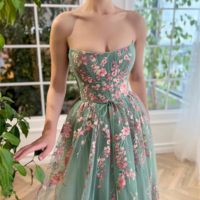 Elegant Off Shoulder Green Lace and Tulle Evening Dress - Thumbnail 2