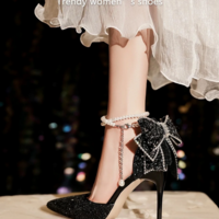 Sparkly Pointed Toe Black Elegant Sequin Bow High Heels - Thumbnail 1