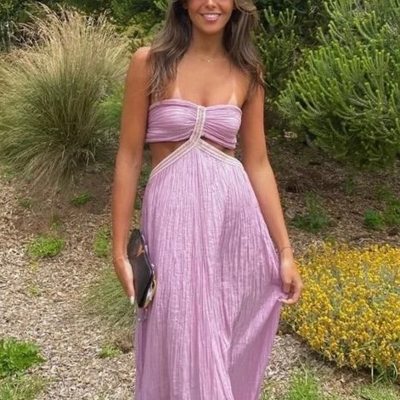 Strapless cut out purple a-line long prom dress