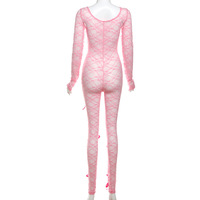 Sexy See-Through Hollow High-Waisted Jacquard Tight Long-Sleeved Lace Jumpsuit - Thumbnail 4