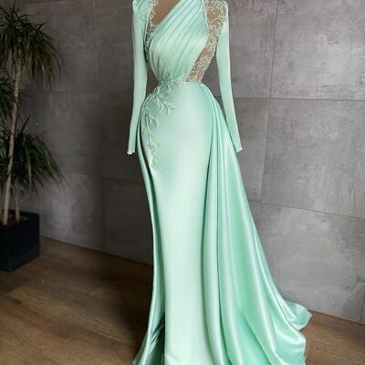 Elegant green mermaid lace appliques prom dresses evening gowns formal party gowns