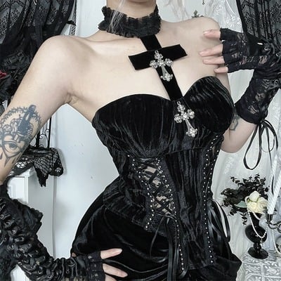 Gothic black crisscross velvet halter top