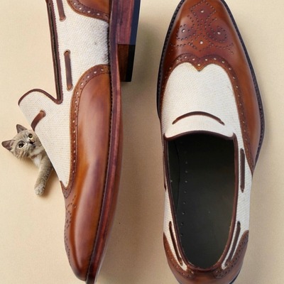 Crafted leather classic men brown patina / tweed contrast wingtip loafers dress shoes