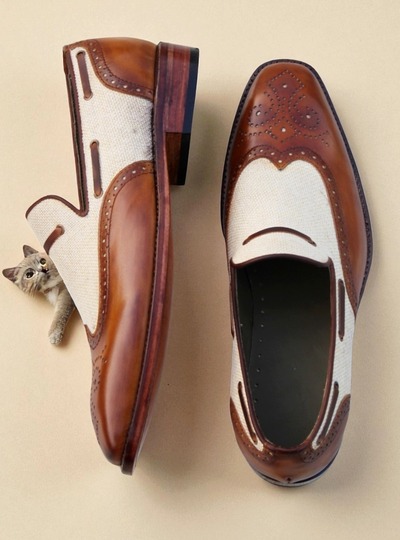 Crafted Leather Classic Men Brown Patina / Tweed Contrast Wingtip Loafers Dress Shoes