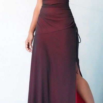A line spaghetti straps burgundy side slit backless prom dresses - Thumbnail 1