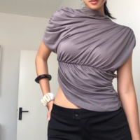 Solid color high collar casual vest T-shirt top - Thumbnail 3