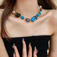 French Luxury Water Drop Rhinestone Earrings & Pearl Necklace Set - Thumbnail 2