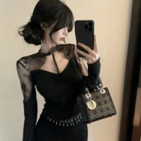 Elegant Gothic Black Lace-Up Long Sleeve Top  - Thumbnail 4