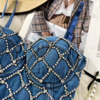 Spaghetti Strap Push-Up Rhinestone Ripped Denim Bustier Top - Thumbnail 3