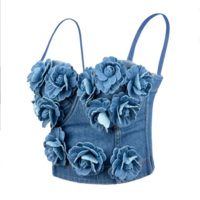 High-End Denim Bustier Crop Top with 3D Flower Appliqués - Thumbnail 6