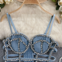 Gothic Kawaii Rhinestone Denim Crop Top - Thumbnail 2