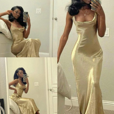 Simple black girl gold backless evening dresses