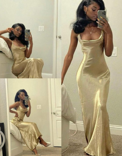 Simple black girl gold backless evening dresses