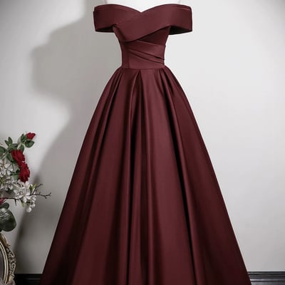 Burgundy satin long prom dress, a-line off the shoulder party dress
