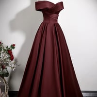Burgundy Satin Long Prom Dress, A-Line Off the Shoulder Party Dress - Thumbnail 1