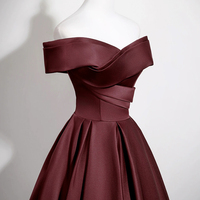 Burgundy Satin Long Prom Dress, A-Line Off the Shoulder Party Dress - Thumbnail 3