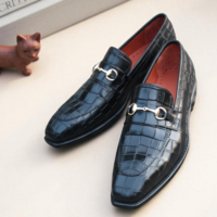 Crafted Leather Handmade Classic Black Crocodile/Alligator Leather Moccasin Loafers Dress Shoes - Thumbnail 2