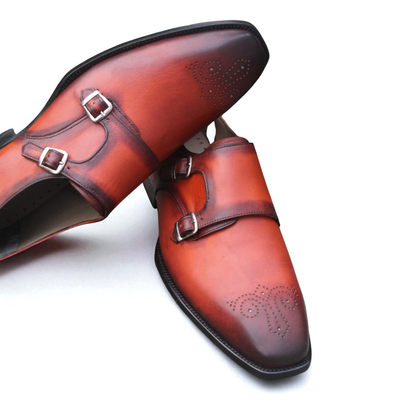Crafted leather classic handmade men's tan leather monk strap dress shoes