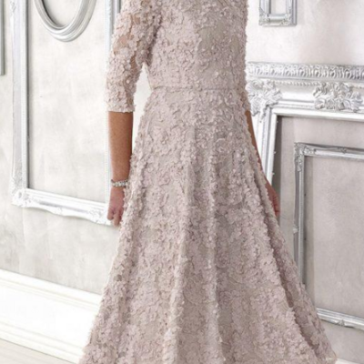 Vintage tea-length lace blush pink mother of bride dress evening dress