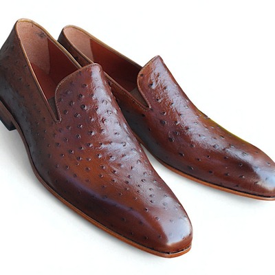 Crafted leather handmade men classic brown ostrich moccasin loafers dress shoes