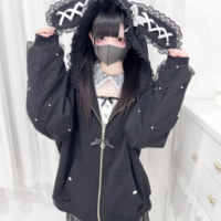 Lace-Up Bow & Pearl Zipper Kawaii Sweet Bunny Ears Hooded Jacket - Thumbnail 8