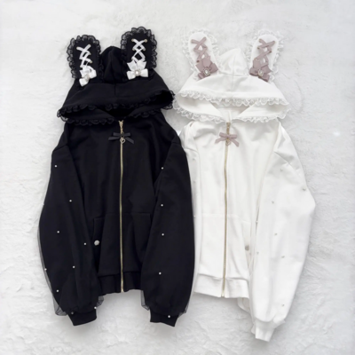 Lace-Up Bow & Pearl Zipper Kawaii Sweet Bunny Ears Hooded Jacket