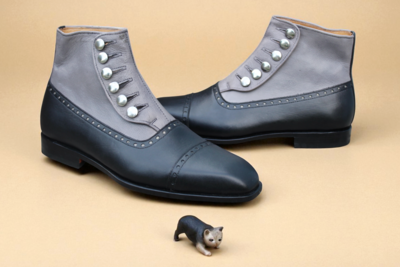 Crafted Leather Handmade Men Black Gray Leather Button Ankle High Boot