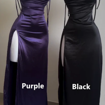 Straps backless purple and black satin long evening dress - Thumbnail 1