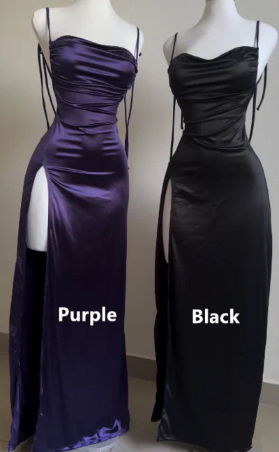 Straps Backless Purple and Black Satin Long Evening Dress