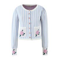Casual striped floral pocket round neck long-sleeved sweater - Thumbnail 1