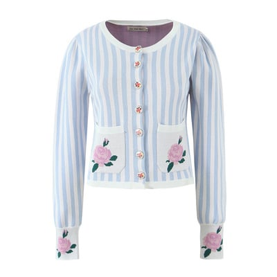 Casual striped floral pocket round neck long-sleeved sweater