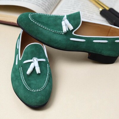 Crafted leather stunning green suede tassel leather dress shoes