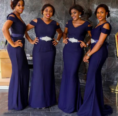 Mermaid V Neck Blue Bridesmaid Dresses Waist with Rhinestones