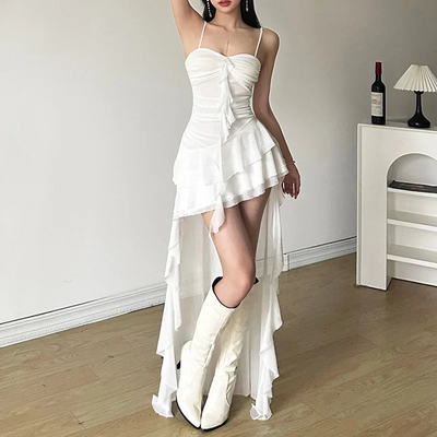 Irregular white midi dress women gothic sexy spaghetti straps ruffles dress - Thumbnail 5