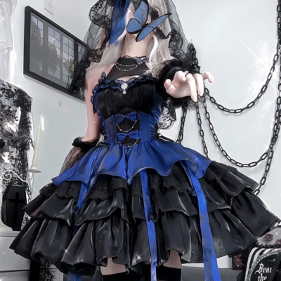 Elegant black and blue gothic kawaii vintage dress