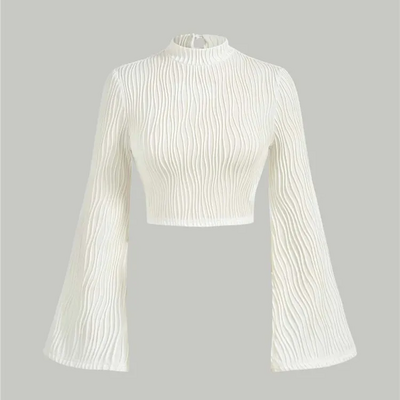 Elegant mock neck flare sleeve crop top tee for women - Thumbnail 3