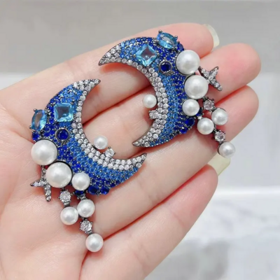 Elegant Celestial Royal Blue Cubic Zirconia & White Pearl Moon Earrings