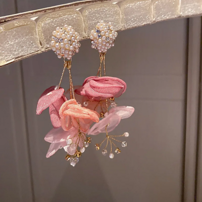 Statement Floral Bohemian Pink Chiffon Flower Earrings