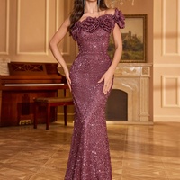 Women's Design Sense Asymmetrical Neck Floral Edge Decorative Glitter Sequin Slim Fit Evening Party Dress - Thumbnail 2