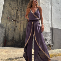 Women's Purple Jumpsuit Trimmed Wrap V-Neck High Waist Split Legs Ideal for Beach - Thumbnail 4