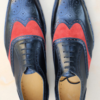 Crafted Leather Red Suede Black Leather Wingtip Oxford Lace up Formal Dress Shoes - Thumbnail 2