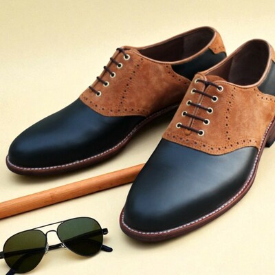 Crafted leather black leather brown suede saddle oxford dress golf shoes