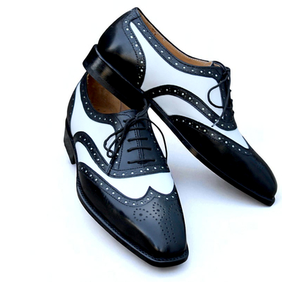 Crafted leather black white leather wingtip lace up oxford dress shoes