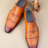 Crafted Leather Brown Leather Monk Strap Dress Shoes - Thumbnail 1
