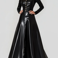 Spring Maxi Dresses for Women High Neck Black PU Leather Dress Women Long Sleeve  - Thumbnail 2