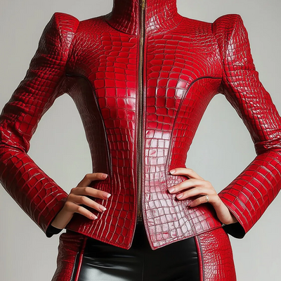  women alligator pattern high neck long sleeve blouse vintage zipper leather pu tops high street streetwear jacket