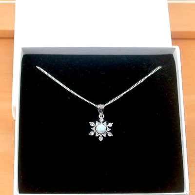 Boxed gift/sterling silver white opal & cz snowflake pendant & chain/opal necklace/opal jewellery/opal jewelry/snowflake necklace/uk - Thumbnail 1